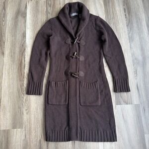 Vintage Y2K 2 Pocket Toggle Knit Long‎ Cardigan Sweater Brown Cozy Modest XS